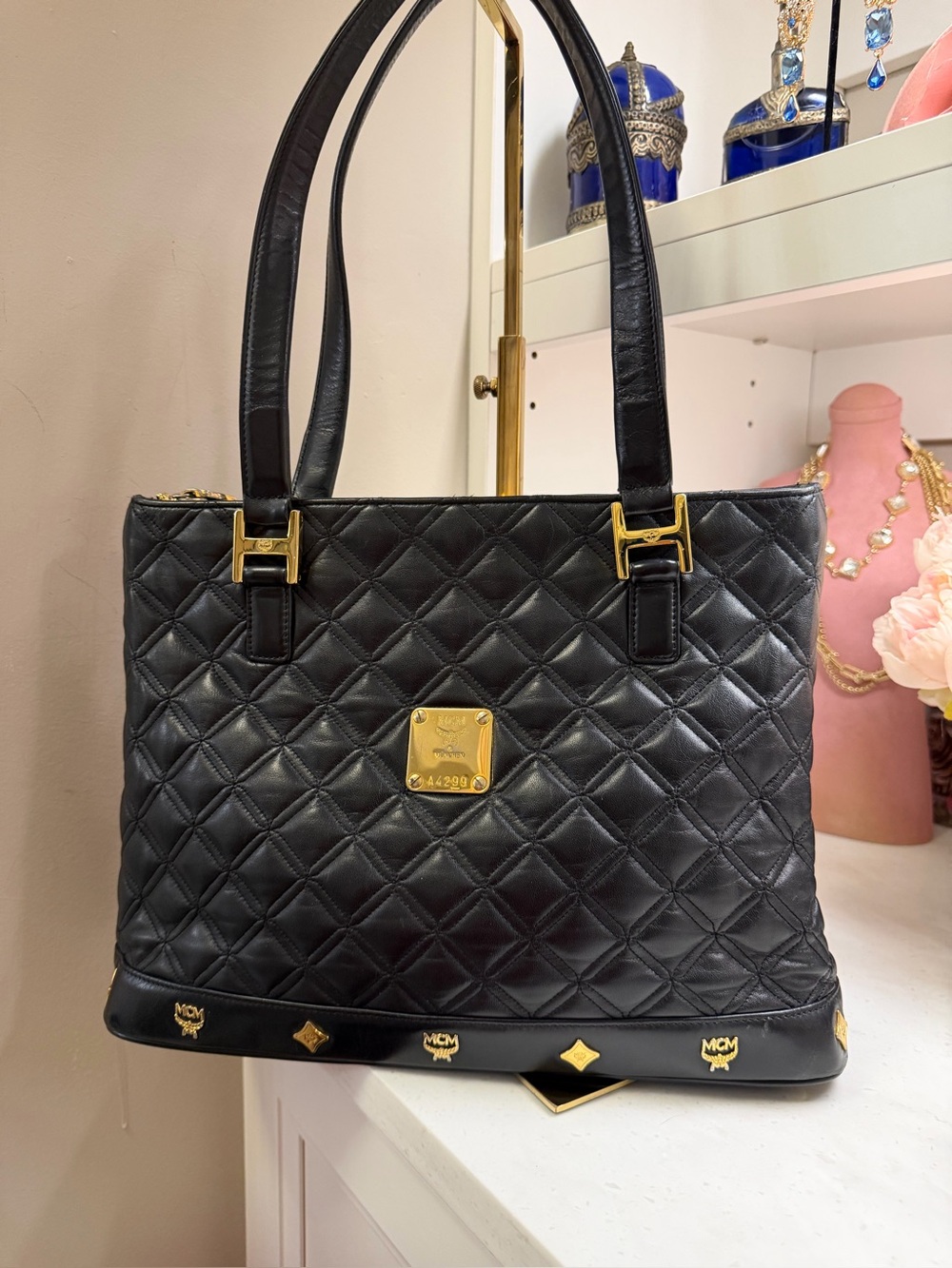 MCM EUC Black Quilted Leather Shoulder Bag with Gold Accents A4299